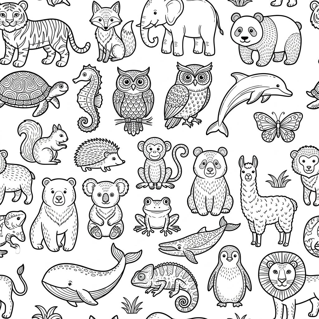 Cute Animals Seamless Pattern Coloring Page for Kids — Color Pop