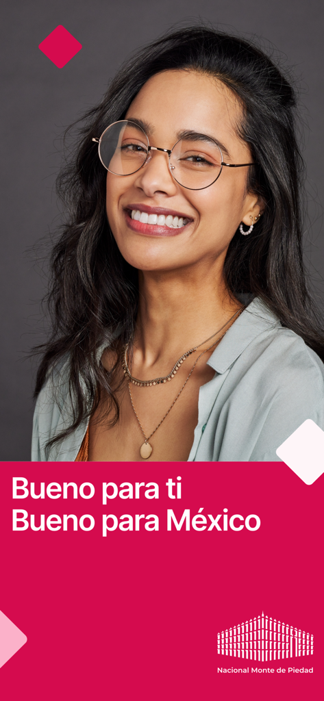 Mi Monte - Smiling woman with glasses on the Mi Monte app welcome screen with the slogan Bueno para ti Bueno para Mexico