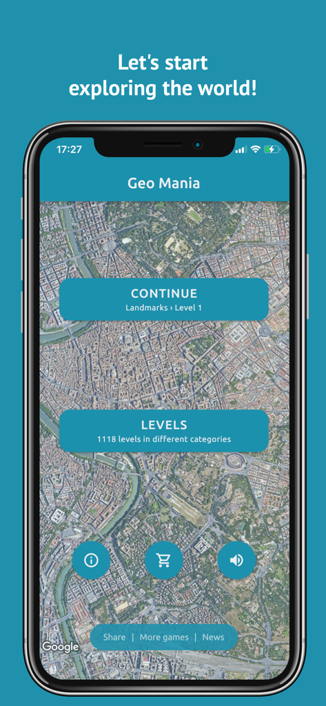 Geo Mania: Guess the Location - Main menu of the Geo Mania geography trivia game showing a satellite view of a city with level selection buttons.