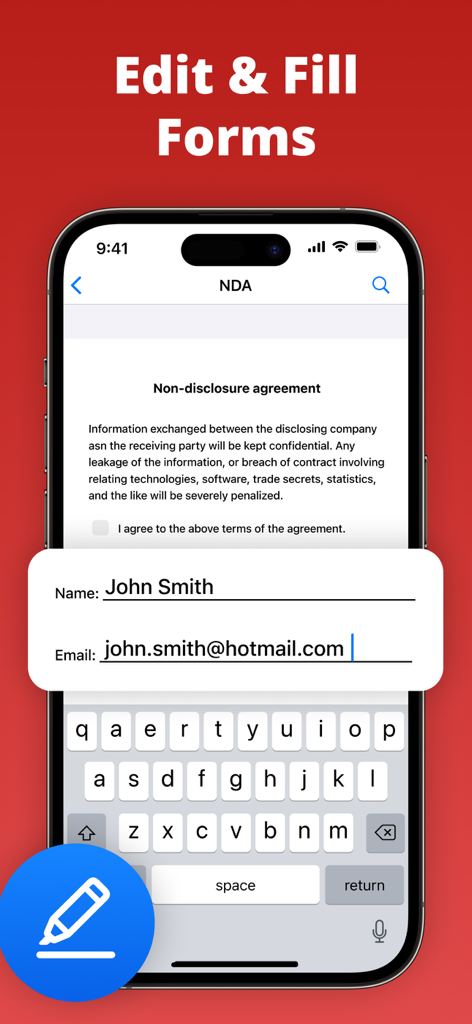 PDF Air - Editor and Converter - Smartphone displaying an NDA document with fields for name and email being filled in the PDF Air app