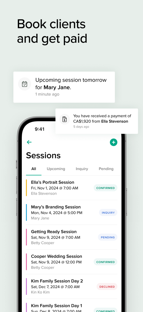 Pixieset – Studio Manager - Pixieset Studio Manager app screen showing client session booking and payment status notifications
