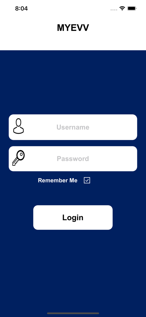 MYEVV - MYEVV app login screen featuring username and password input fields and a login button