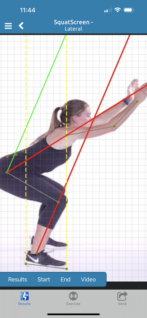 AI-powered lateral squat assessment on PostureScreen Mobile app showing anatomical alignment lines.