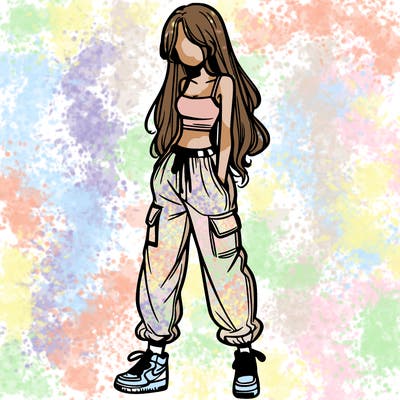 girl in baggy pants crop top and long hair