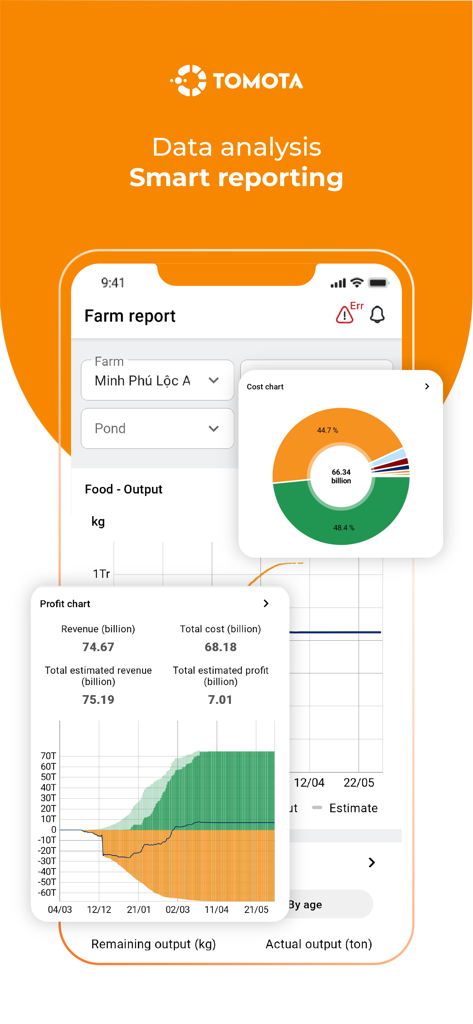 Screenshot dell'app Tomota che mostra reporting intelligente con grafici sui costi e profitti dell'allevamento di gamberi