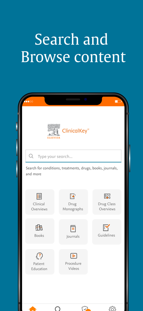 ClinicalKey - ClinicalKey app home screen showing a search bar and medical resource categories including clinical overviews books and journals