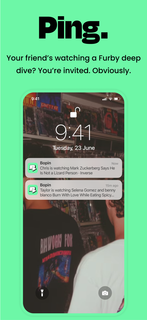 Bopin—Watch & make friends - iPhone lock screen displaying Bopin app notifications showing friends' current YouTube activity to join them