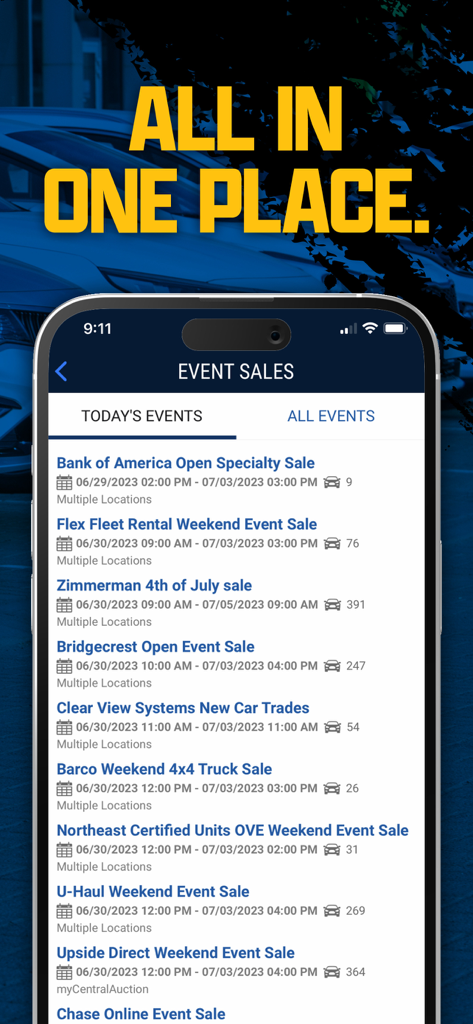 Captura de pantalla de la aplicación Manheim Legacy que muestra una lista de próximos eventos de subastas de coches mayoristas con fechas y recuentos de vehículos