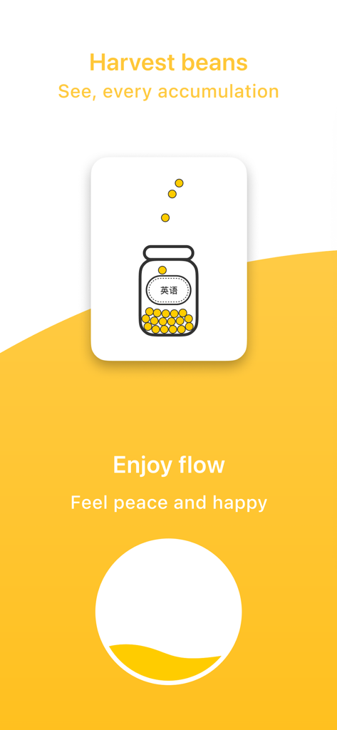 FreeTime-a productive Timer - Una interfaz minimalista de la aplicación FreeTime que muestra frijoles amarillos llenando un frasco para visualizar el tiempo de estudio enfocado.