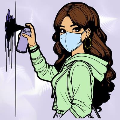 realistic girl with mask spray painting a wall