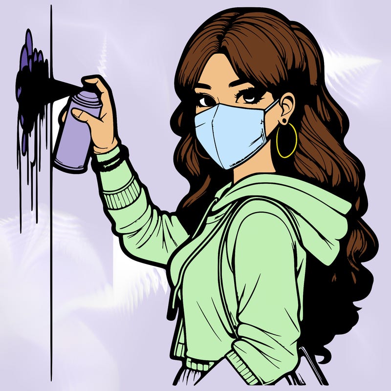 realistic girl with mask spray painting a wall