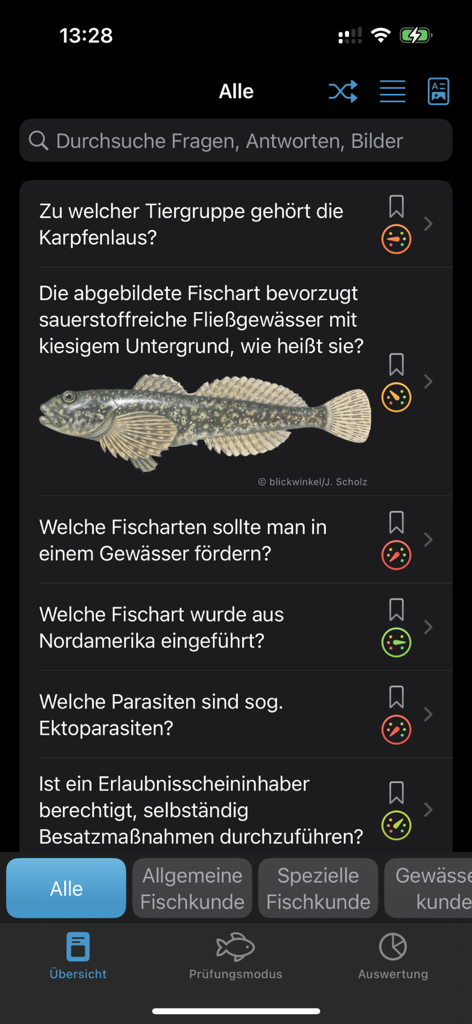 Mobile interface of the Angeltrainer Sachsen app displaying a list of fishing exam questions in dark mode.