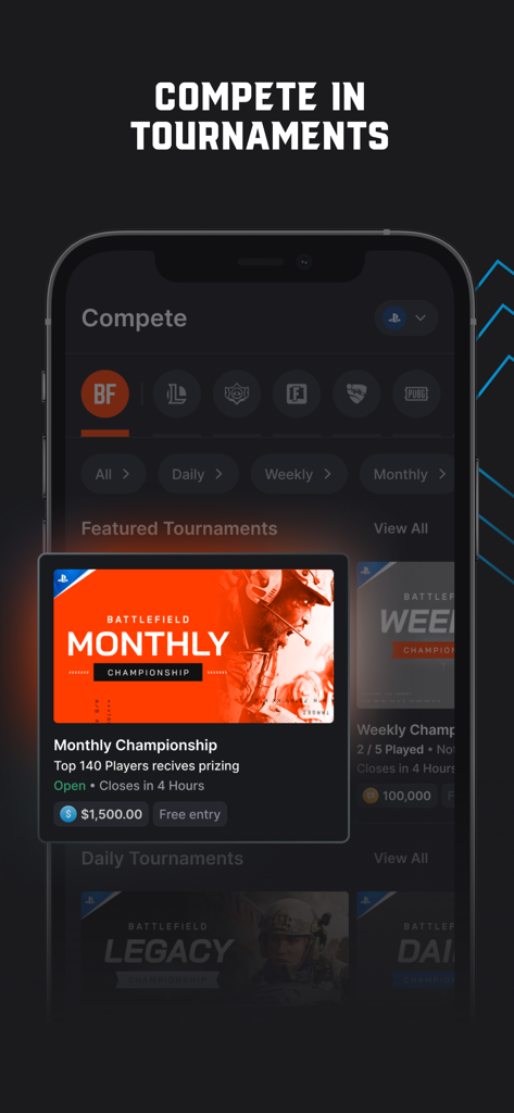 The Compete screen of the Repeat.gg app displaying daily and monthly gaming tournaments with cash prizes.