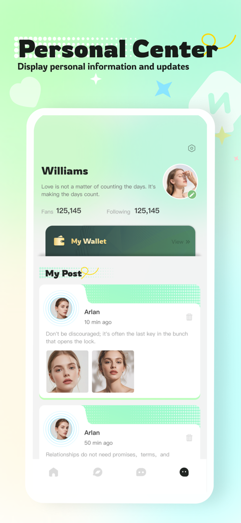 Joiy：Adult，Chat & Social Hub - Captura de tela do aplicativo Joiy mostrando o Centro Pessoal com detalhes do perfil do usuário e postagens recentes.