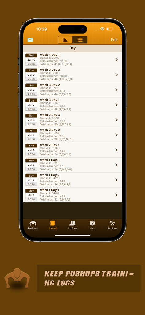 Pushups Coach Pro - Pushups Coach Pro app training log screen displaying workout history with dates, durations, and calories burned.