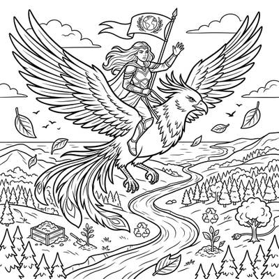 Celebrate Earth Day with this inspiring coloring page featuring a heroic Phoenix Rider soaring above a beautiful, protected landscape. Discover hidden symbols of environmental care as you bring this powerful scene to life with your favorite colors.