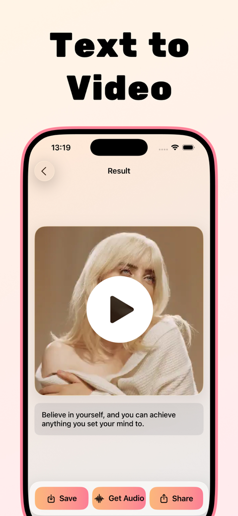 Voice Cloning AI - AIVoice - Um display de smartphone mostrando um vídeo gerado de uma celebridade a partir de texto usando o aplicativo AIVoice