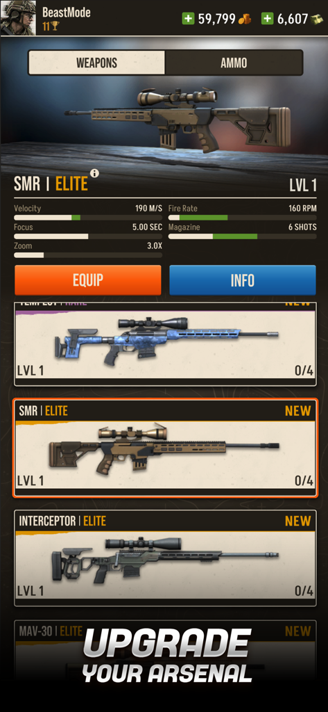 Sniper Battle: 3D War Shooter - A menu in Sniper Battle 3D showing elite sniper rifles and tactical equipment upgrades