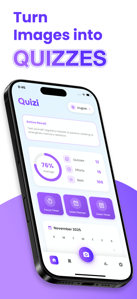 Mobile phone screen displaying the Quizi AI dashboard with study statistics and exam planning tools