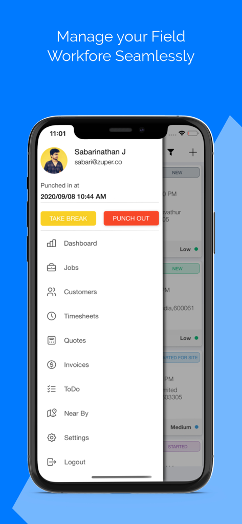Zuper Pro - Zuper Pro mobile app interface showing the field workforce management side menu with options for jobs, customers, and invoicing.