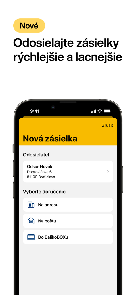 Slovenska posta mobile app screen for sending a new shipment