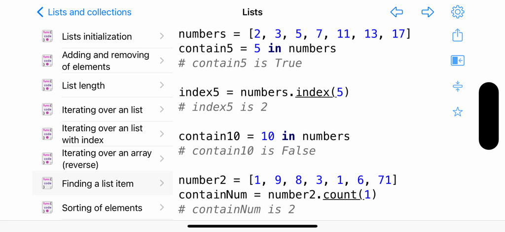 Python & SQL - Screenshot of the Python and SQL app showing code snippets for finding and counting items in a list.