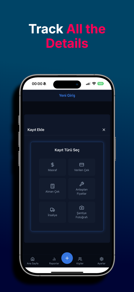Buildfy - Buildfy App Bildschirm mit Optionen zum Hinzufügen neuer Bauprojekt-Einträge, einschließlich Ausgaben, Schecks, Frachtbriefen und Baustellenfotos.