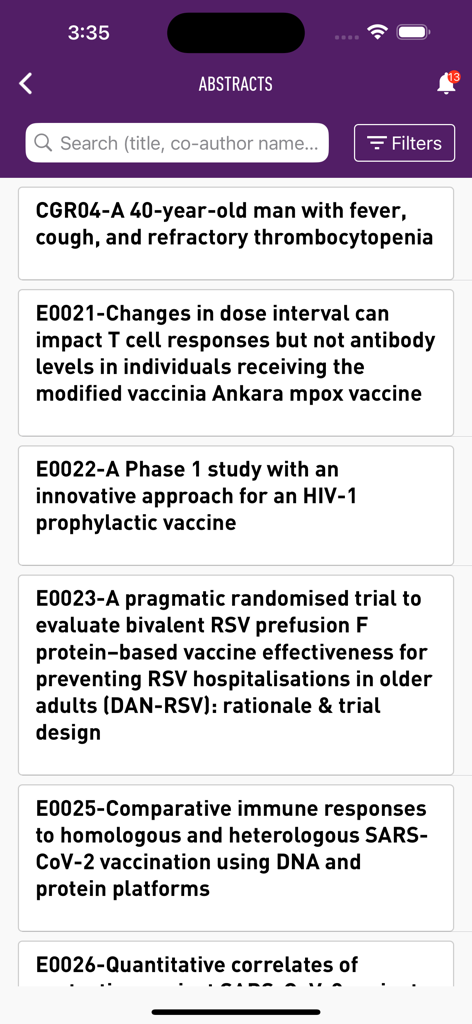 Uma lista de resumos de pesquisa científica dentro do aplicativo do congresso médico ESCMID 2025.