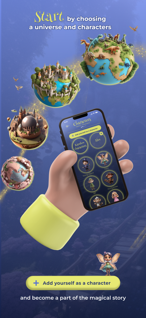 Magic Journeys: Kids Storytime - A hand holding a phone showing the character selection screen with colorful floating magical universes