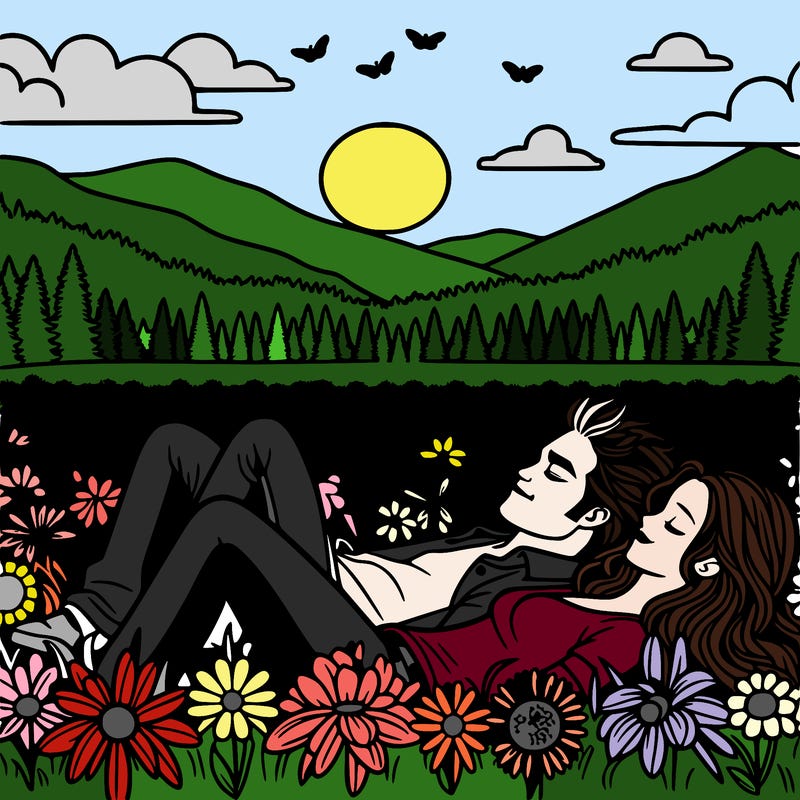 edward and bella in the flower field in a sunset laying down in the flowers