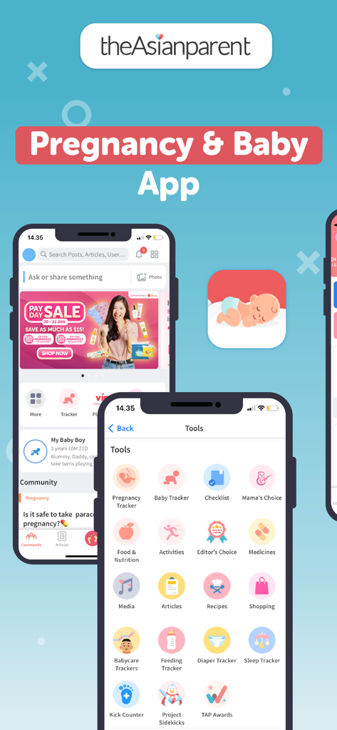 interface do aplicativo theAsianparent mostrando várias ferramentas para gravidez e acompanhamento do bebê