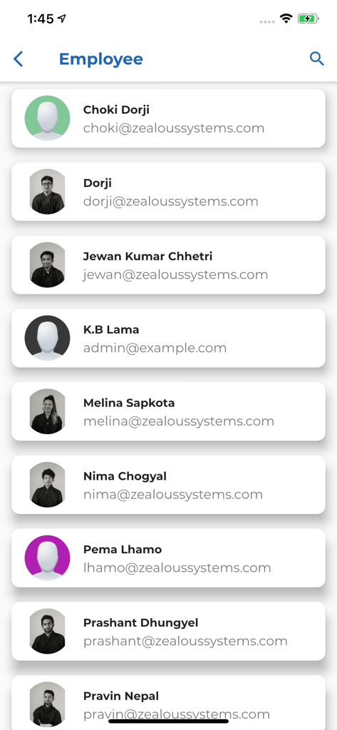 HRstation - A list of employees within the HRstation app displaying names, profile pictures, and email addresses.
