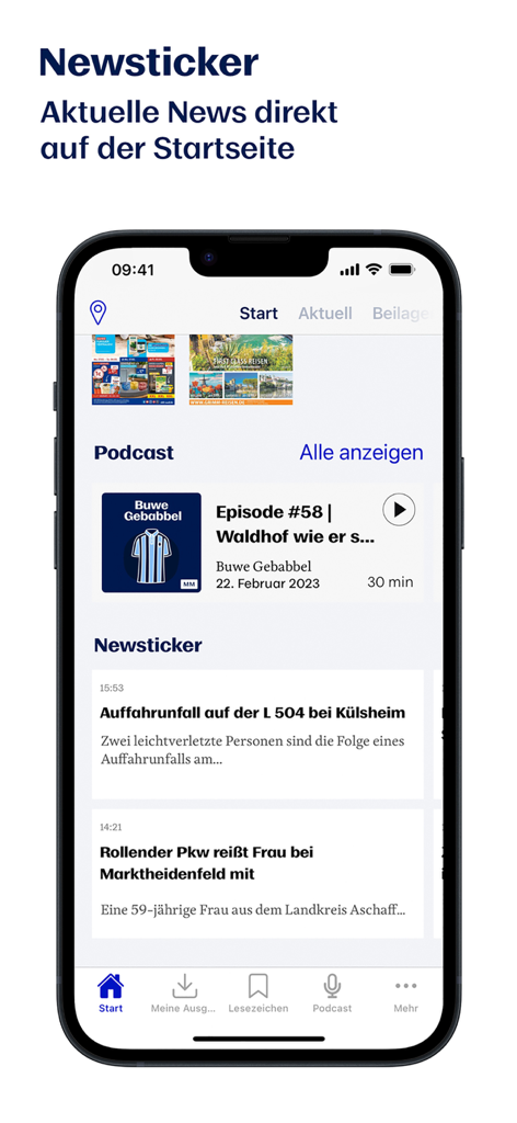 FN E-Paper App Startbildschirm mit lokalen Nachrichten-Ticker und Podcasts