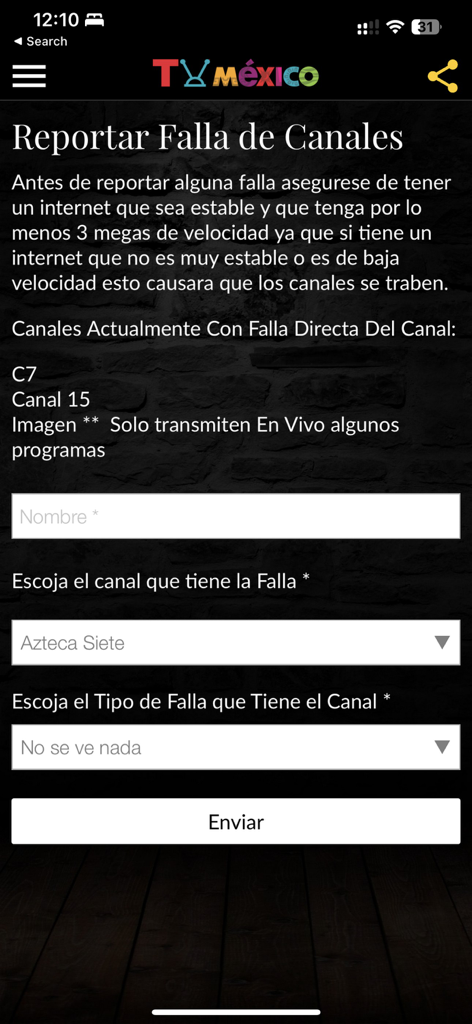 TV México Señal Abierta - Formulario para reportar fallos de transmisión de canales en la app TV México