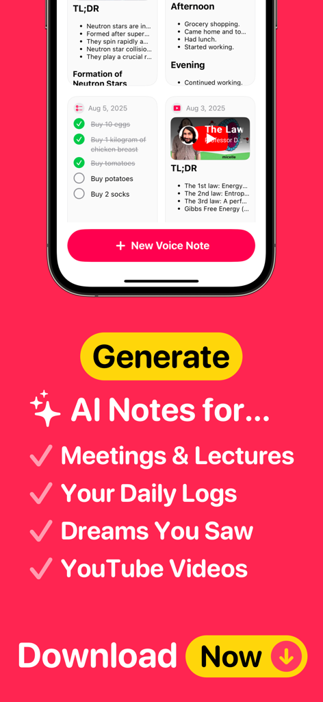 Voice Notes AI Notetaker ZIVO - Interfaz de la aplicación ZIVO AI Notetaker con resúmenes para conferencias, tareas y videos de YouTube.