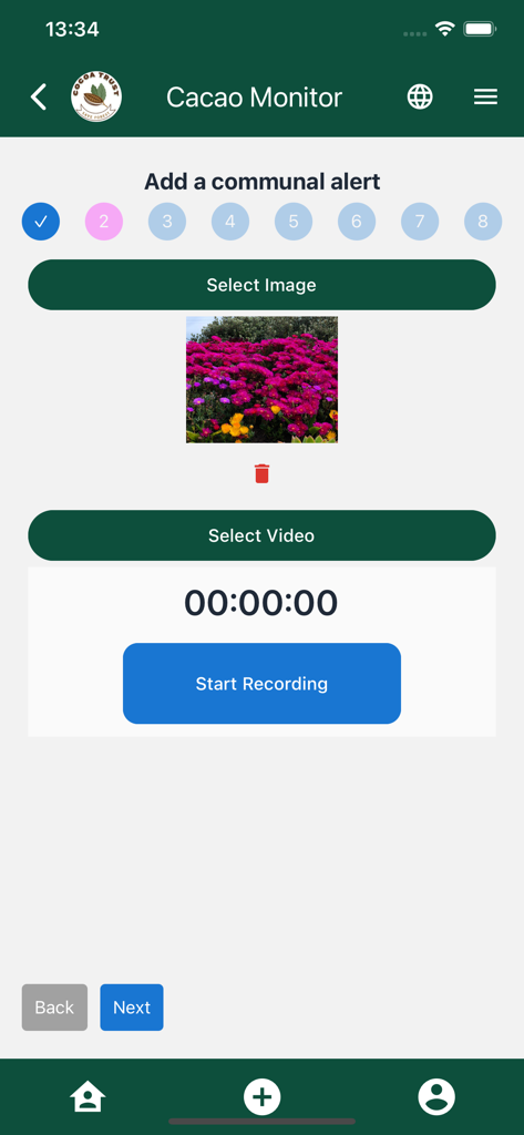 Cocoa Monitor - Pantalla de la aplicación Cocoa Monitor para agregar una alerta comunal con opciones de carga de fotos y videos