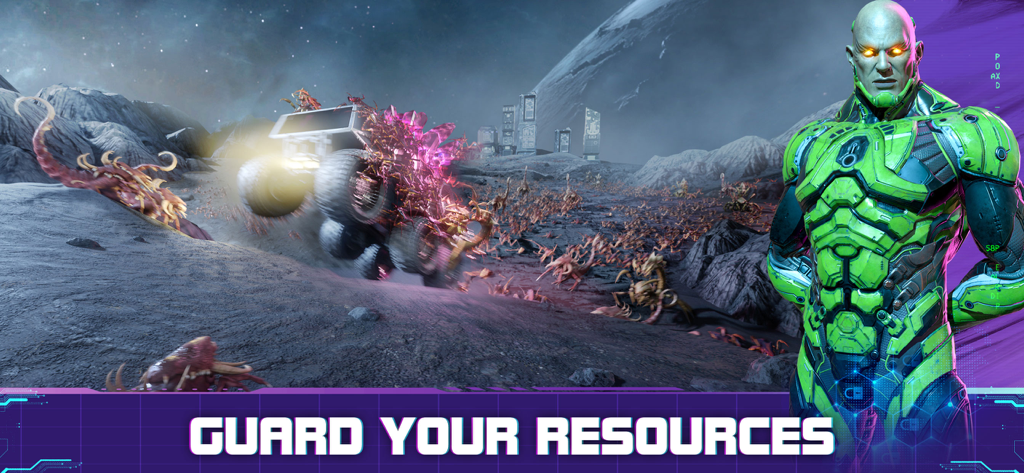 Infinite Galaxy - Captura de pantalla del juego Infinite Galaxy con un comandante cyborg verde y una escena de combate lunar con el texto Protege tus recursos.