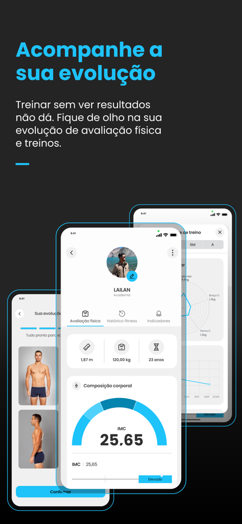 Live Academia Oficial - The evolution tracking interface of the Live Academia app showing physical assessment reports, body composition data, and BMI metrics.