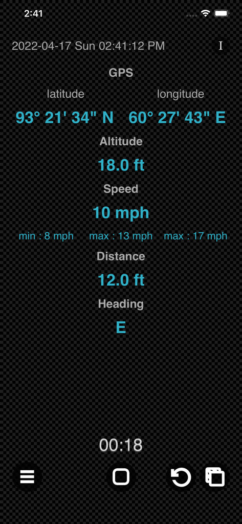 Interface do GPS Logger Plus exibindo rastreamento em tempo real de latitude, longitude, altitude e velocidade