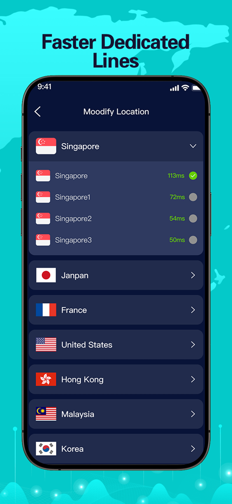VPN - Super Proxy - Screenshot of the VPN location selection screen showing various global server options like Singapore and the United States with latency indicators