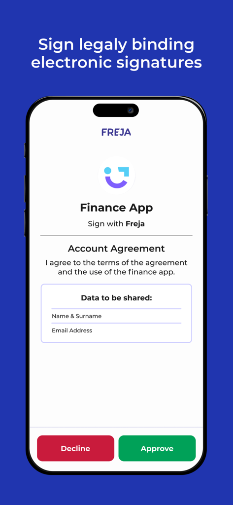 Freja mobile app screen for signing legally binding electronic signatures.