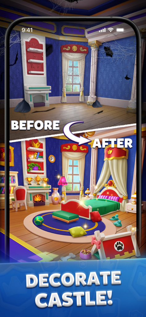 Bricks Royale - A before and after comparison showing a messy room transformed into a decorated royal bedroom in Bricks Royale.