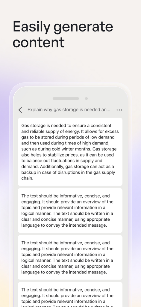 Wordtune: AI Writing Keyboard - La pantalla de la aplicación Wordtune demuestra la generación de contenido sencilla con IA