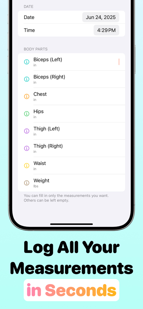 My Body Measurement Tracker - Mobile app interface to log body measurements for biceps chest hips and waist
