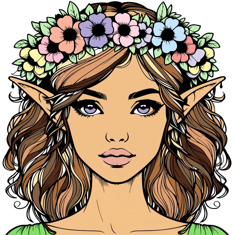 realistic female elf with flower crown