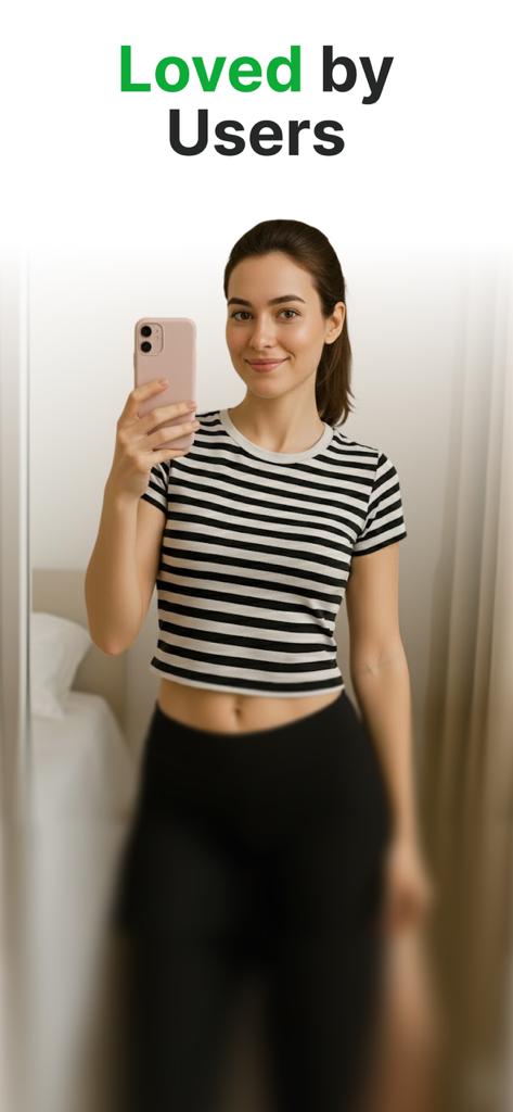 AI Nutrition Coach - Nutrizor - Mujer joven y en forma tomándose una selfie en el espejo con el texto Amado por los Usuarios