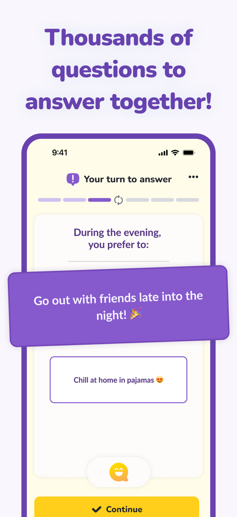 Mobile app screenshot showing a couple quiz question about evening preferences with options to go out or chill at home.
