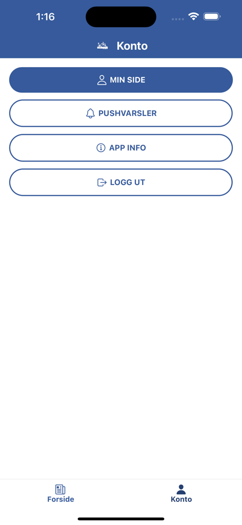 ØyBlikk - Account settings screen of the ØyBlikk news app with buttons for My Page, push notifications, and app info.