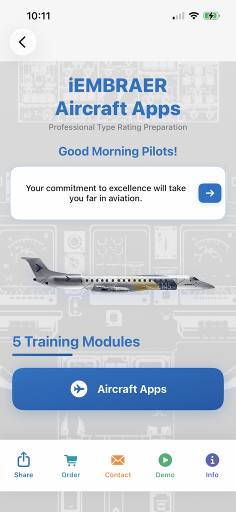 iEMBRAER Type Rating Prep - Home screen of the iEMBRAER Type Rating Prep app showing pilot training modules and motivational message.