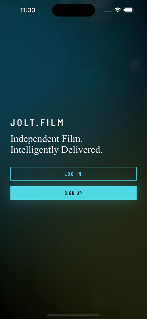 Jolt Film - Jolt Film welcome screen with tagline Independent Film Intelligently Delivered and login buttons